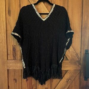 LA MODA Kaftan Beach Cover Pinstriped V-Neck Sequin/Tassel Trim Black/Gold OS‎